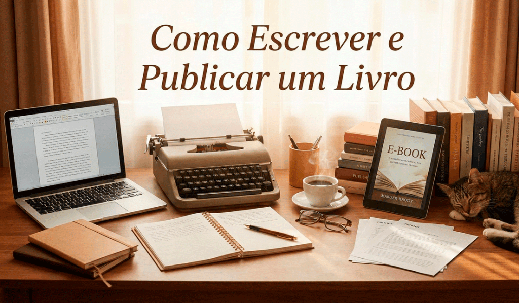 Mesa de um escritor que está pesquisando como escrever e publicar livros